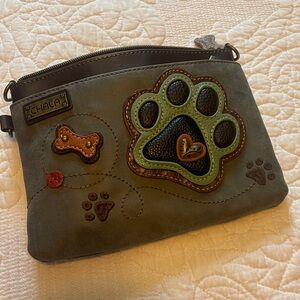 Chala Gray and Brown Dog Paw Crossbody Bag NWOT 6” X. 8” CUTE